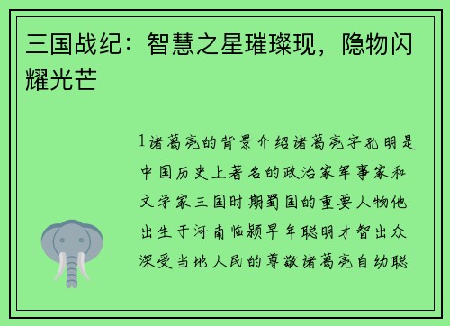 三国战纪：智慧之星璀璨现，隐物闪耀光芒